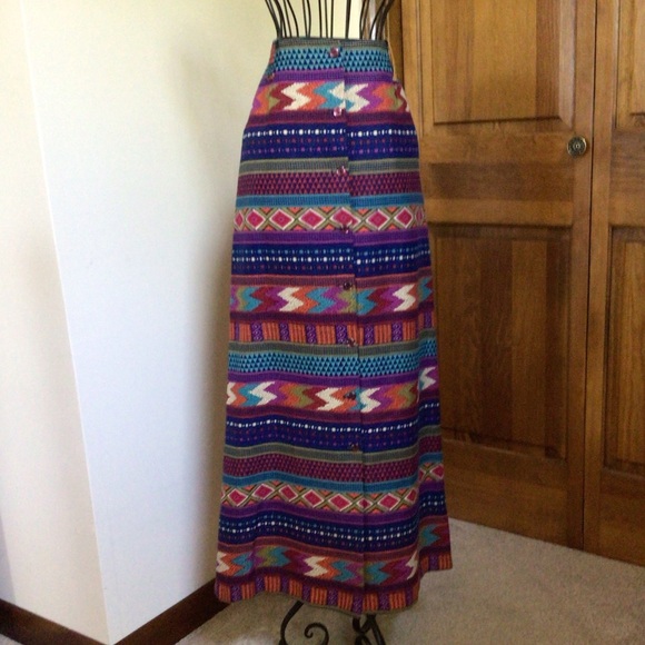 Vintage Dresses & Skirts - 1970S COLORFUL GEOMETRIC MAXI SKIRT-SMALL/MEDIUM